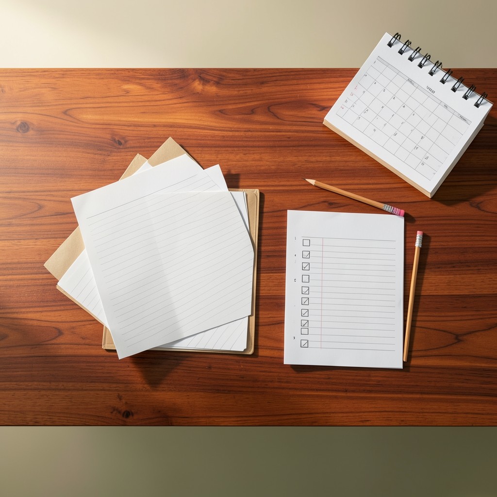 Schreibtisch mit geordneter Bewerbungsmappe und Kalender