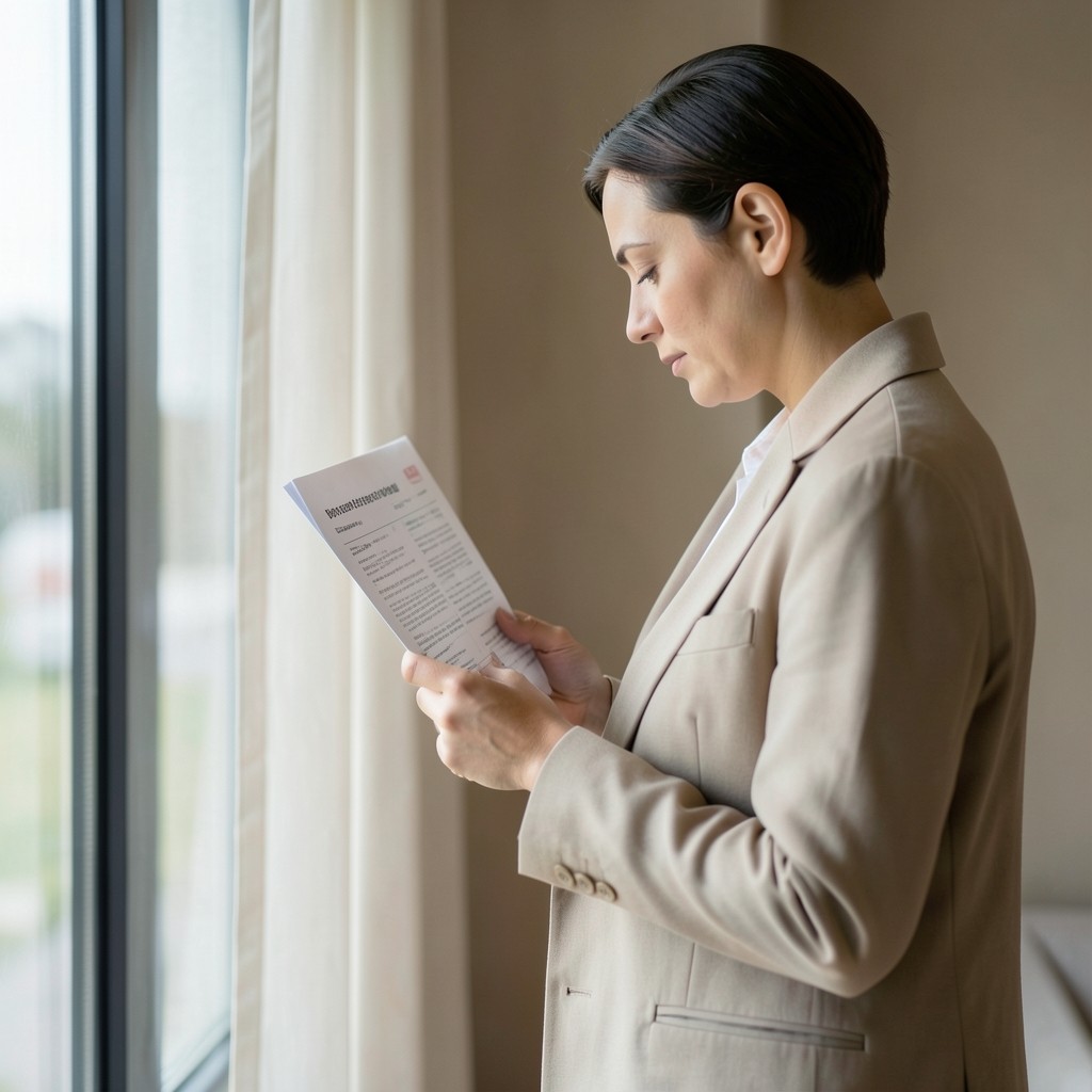 Person liest eine Stellenausschreibung am Fenster