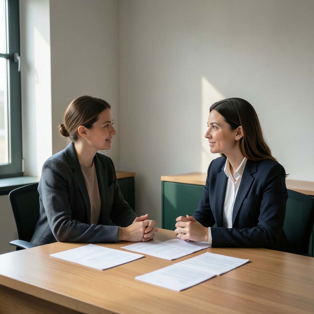 Beratungsgespräch zu Bewerbungsunterlagen am Schreibtisch