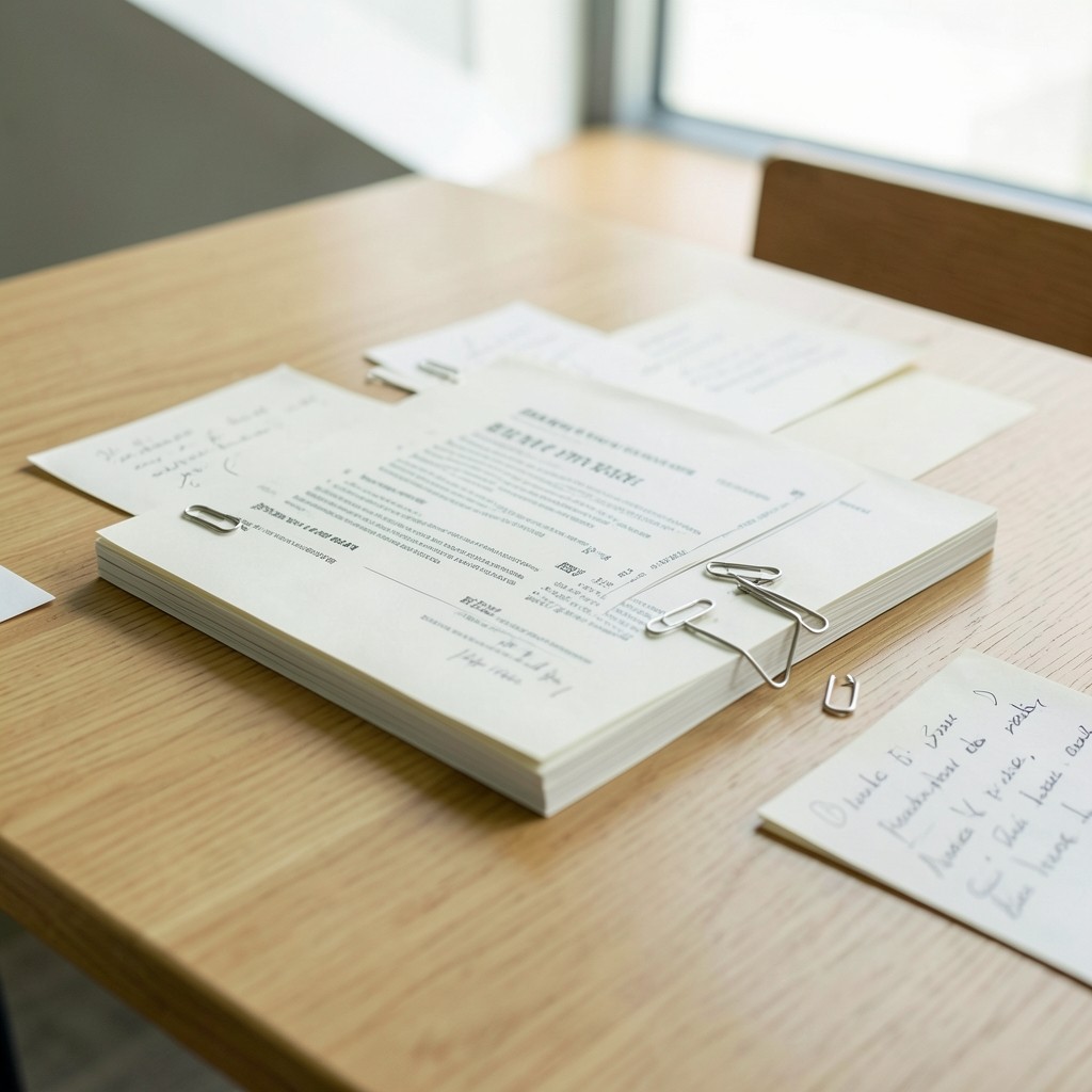 Geordnete Bewerbungsunterlagen und Notizen auf einem Tisch